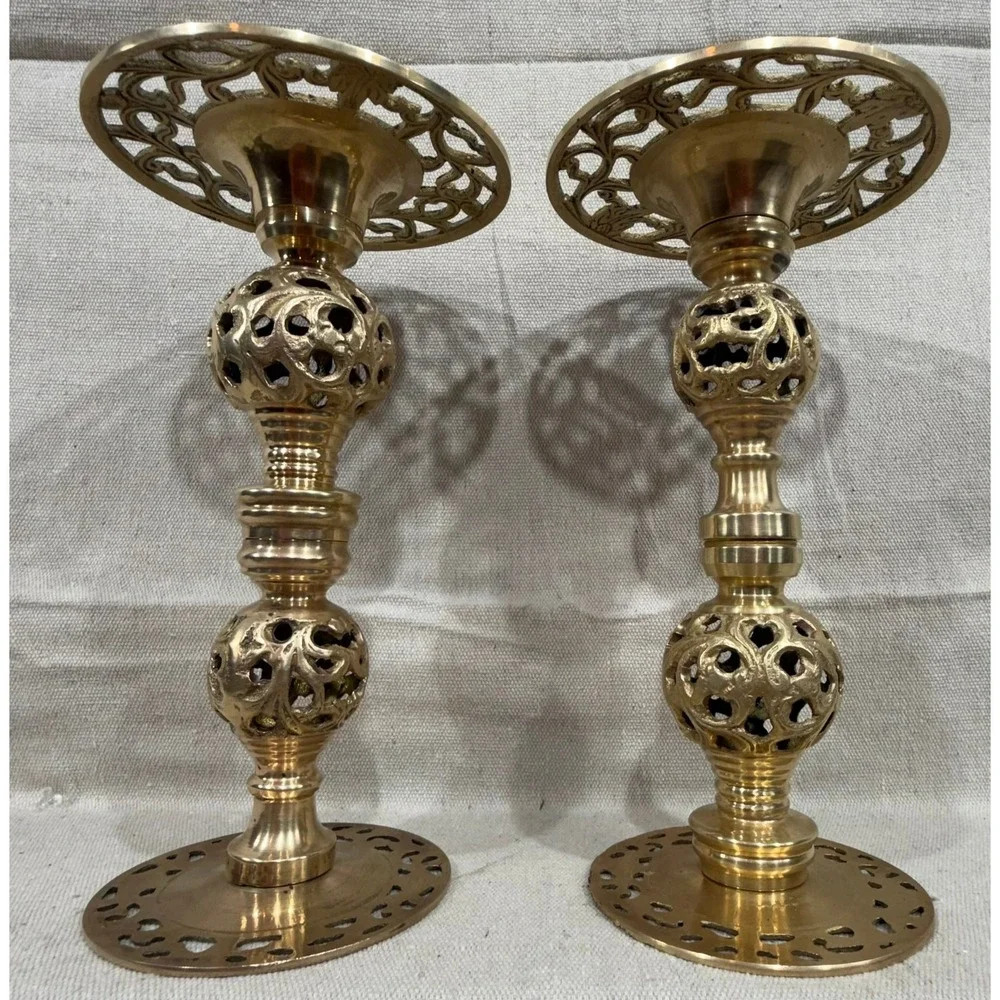 Vintage Brass Openwork Lattice Candlestick Holders Ornate Pierced Set of 2 9in